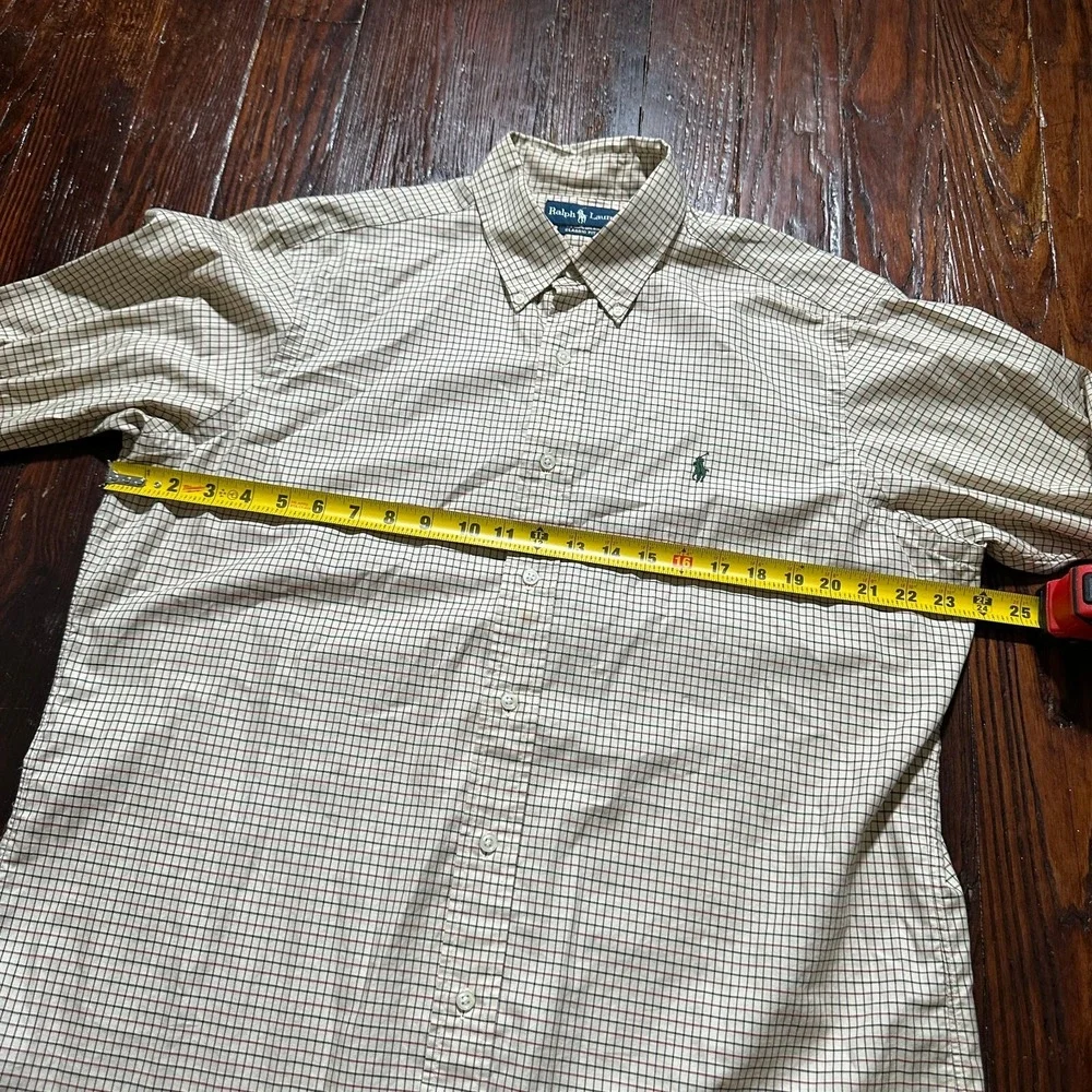 Ralph Lauren Shirt Mens Large Tan Window‎ Pane Plaid Classic Fit Preppy Dressy